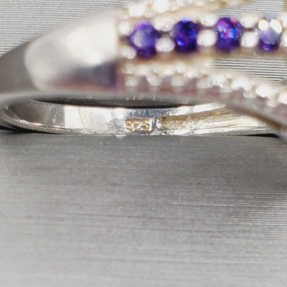 Genuine Rough Cut Blue Oregon Opal & Purple Diamond Simulants 925 Silver Ring